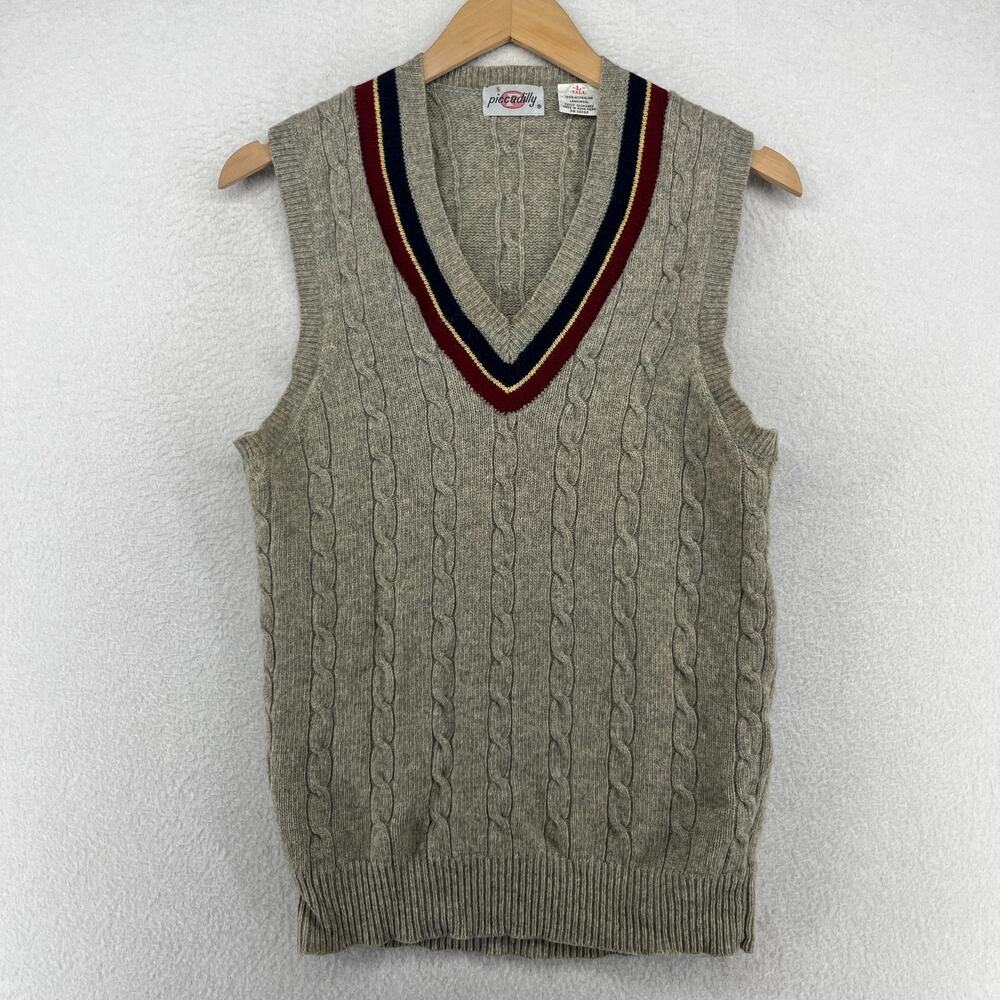 PICCADILLY Sweater Vest Mens LT Australian Lambswool Cable V-Neck Gray HK VTG